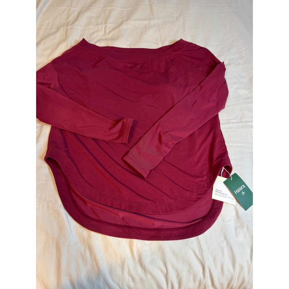 Halara Long Sleeve Built-in Bra Top Burgundy Thumbhole Curved Hem XS NWT - Picture 2 of 10